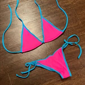 Demon Bikini Women’s Small Bikini Set Pink Blue Triangle Top Tie-Side Bottom